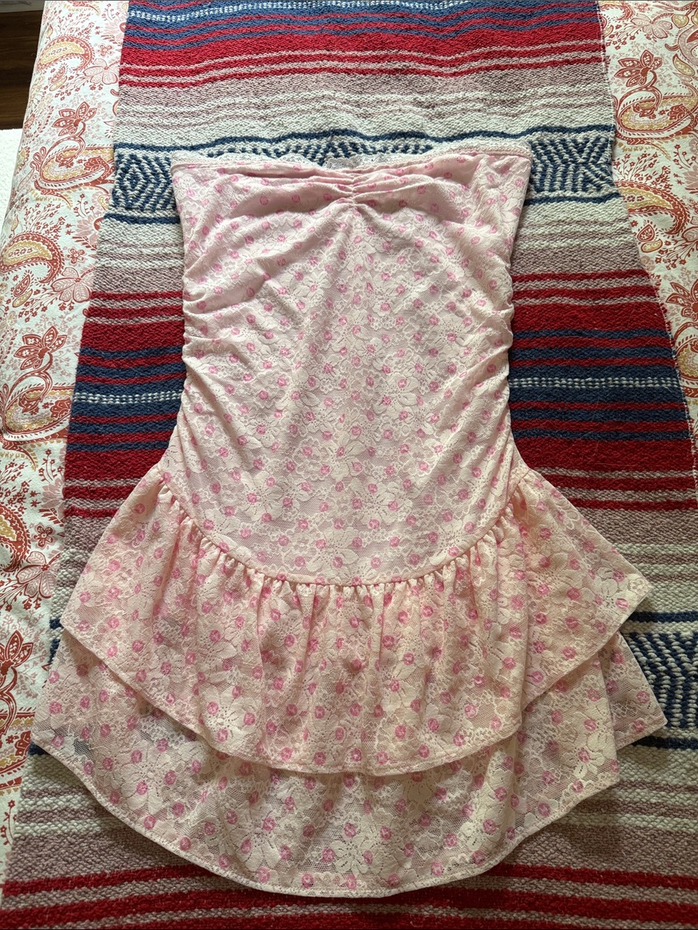 LoveShackFancyXPink Collab Pink Floral Strapless Ruffle Dress